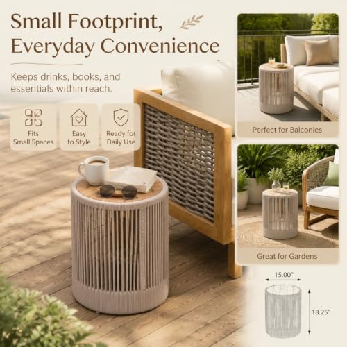 IRONORA Outdoor Rattan Rope & Acacia Wood Side Table - Patio Balcony Furniture for Garden, Yard, Balcony - Weather Resistant - color: 15-inches Beige
