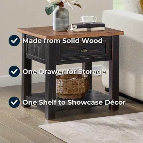 Monterey Farmhouse Rustic End Table, Solid Pine Wood Coastal Side Table with Drawer and Shelf. Black and Honey. | Farmhouse Rustic, Coastal Side Table, Drawer and Storage Shelf - color: Black and Honey
