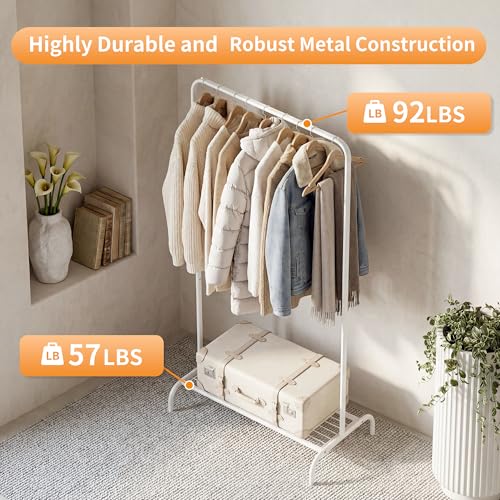 Small White Clothing Rack, Freestanding Metal Garment Rack with Bottom Shelf, Stable Clothes Rack for Small Spaces, Bedroom, Dorm, Apartment, 92LBS Capacity - color: White /1-Unit