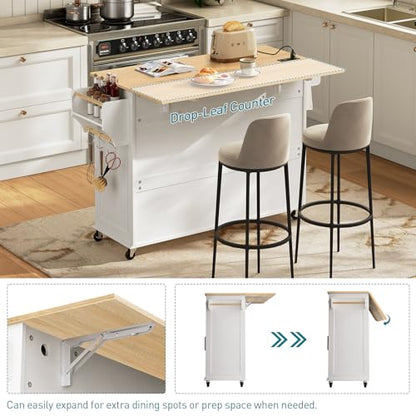 RALGEND Kitchen Island with Drop Leaf & Power Outlet, Rolling Kitchen Island Cart On Wheels, Barn Door Kitchen Island Table with Storage and Tower Rack, Island Table for Kitchen, White and Natural - color: White + Natural