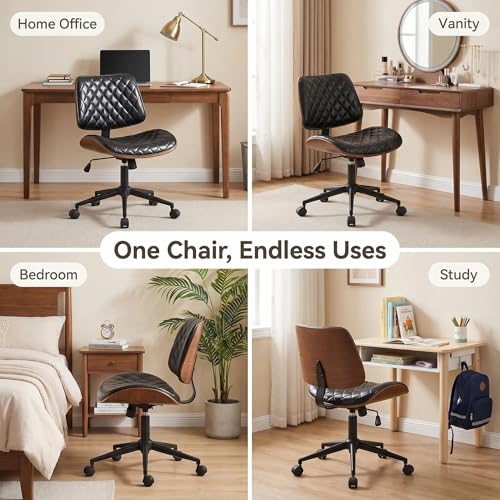 Furnimart Armless Small Desk Chair with Wheels, 360° Swivel Faux Leather Vanity Chair for Bedroom, Compact Home Office Task Chair for Small Spaces, Heavy-Duty Wood Frame(PU Black) - color: Faux Leather-black