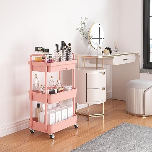 Calmootey 3-Tier Rolling Utility Cart with Drawer,Multifunctional Storage Organizer with Plastic Shelf & Metal Wheel,Storage Cart for Kitchen,Bathroom,Living Room,Office,Pink | Space-Saving Organizer, Sturdy Plastic Shelves, Smooth-Rolling Metal Wheels, B