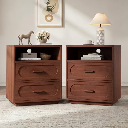 YANSNWO Walnut Nightstand Set of 2 with Charging Station, 25.8" Tall Modern End Table with 2 Storage Drawers and Open Shelf, Mid Century Bedside Table for Bedroom, Living Room - color: Walnut, size: 15.7"D x 21.7"W x 25.8"H (2 Drawers/2 PCS)