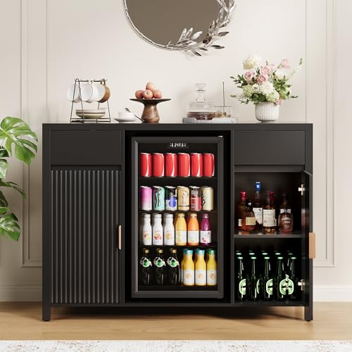 Garvee 53" Coffee Bar Cabinet with Fridge Space & Charging Station, Mini Fridge Cabinet with Wine Rack, Large Buffet Sideboard Table, Fluted Liquor Cabinet for Living Room, Dining Room, Kitchen, Black