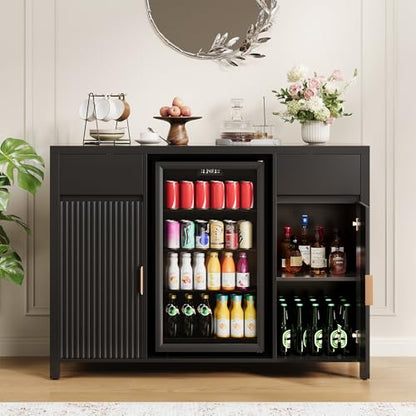 Garvee 53" Coffee Bar Cabinet with Fridge Space & Charging Station, Mini Fridge Cabinet with Wine Rack, Large Buffet Sideboard Table, Fluted Liquor Cabinet for Living Room, Dining Room, Kitchen, Black