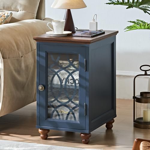 Joaxswe Narrow Side Table with Charging Station, Night Stand with Glass Door, Bedside End Tables with Adjustable Shelf Storage Cabinet,Wood Nightstand for Small Spaces Living Room Bedroom - color: Navy Blue, size: with Charger