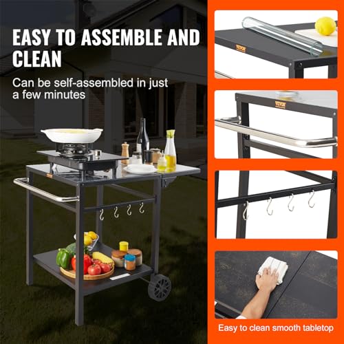 VEVOR Outdoor Grill Dining Cart with Double-Shelf, BBQ Movable Food Prep Table, Multifunctional Foldable Iron Table Top, Portable Modular Carts for Pizza Oven, Worktable with 2 Wheels, Carry Handle - size: 21.65"D x 21.65"W x 29.72"H, style: Iron Table To