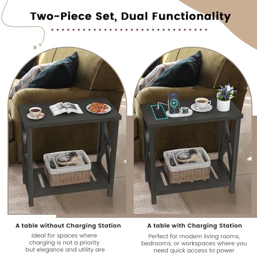 Hadulcet Farmhouse End Tables Living Room Set of 2 - Narrow Side Table with Charging Station, Slim Nightstand for Small Space, Skinny Bedside Table, Sofa Side Table with Storage Shelf, Black - color: Classic Black