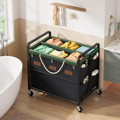 350L Extra Large Laundry Cart, Laundry Hamper 6 Section, Black | Large Capacity, Heavy Duty Lockable Wheels, Sturdy Metal Frame, Leather Patchwork, Removable Bags - color: Black, size: 6 Bag 350L
