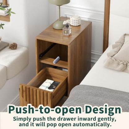 9.8" Narrow Nightstand with 2 Drawers, Slim End Table, Small Bedside Table | Fluted side table, push to open design, for small area, sapce saving, walnut, for living room, for bedroom
