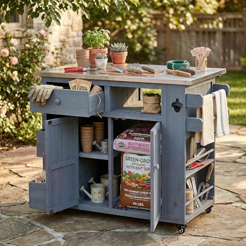 Outdoor Solid Wood Kitchen Island with Storage, 28" Extendable Stainless Steel Top Grill Cart, Rolling BBQ Prep Station with Drawers, Spice Rack, Towel Rack for Backyard, Patio, Camping - color: Grey