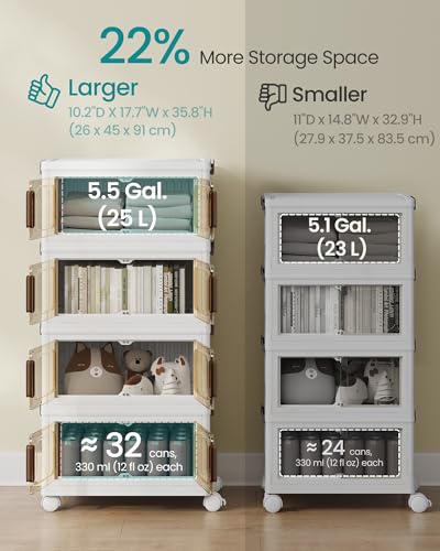 SONGMICS 26QT Plastic Storage Bins with 1 Lid, 4-Tier Stackable Bins with Doors and Wheels, Foldable Storage Boxes, for Closets, Bedroom, Living Room, Office, White URLB445WZ01 - size: 4 x 26QT