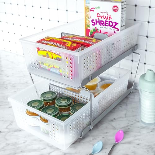 madesmart 2 Tier Organizer, Under Cabinet Storage with Pull Out Sliding Drawers, for Cleaning Supplies, Pantry, Undersink, Sponges, Bottles & Bath, Adjustable Dividers & Pull Out Baskets, Frost - color: Frost + Dividers