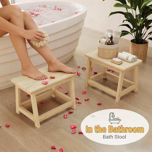 Wood Step Stool Small Stool Foot Stool Wooden Shoe Bench Side End Table | Small Sofa Foot Stool for Bathroom Living Room Bedroom Kitchen Entryway Modern Sturdy 16.5x11x11.8inchs (Natural) - color: Natural, size: Small