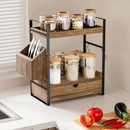 2-Tier Bathroom Counter Organizer, Wooden Vanity Shelf with Drawer & Basket | Pre-Drilled Holes, Skincare & Makeup Countertop Organizer and storage, Dark Brown - color: Dark Brown