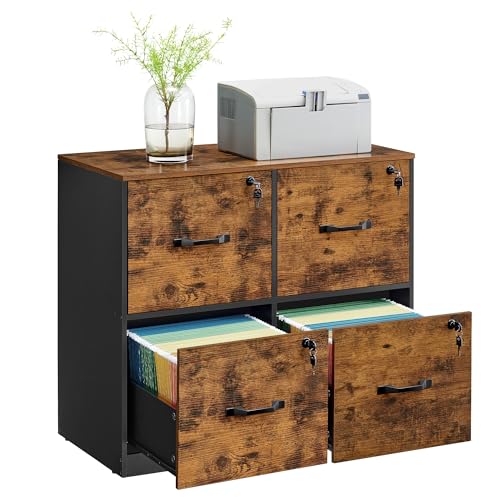 VASAGLE 4-Drawer File Cabinet, Filing Cabinet for Home Office, Printer Stand, with 4 Lockable Drawers, Adjustable Hanging Rail, for A4 and Letter-Size Files, Rustic Brown UOFC062B01 - color: Rustic Brown + Ink Black, size: 4 Drawers with Lock