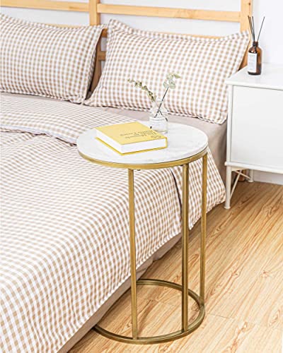 RiteSune Round C Shaped End Snack Side Table Slide Under Couch with Marble Top for Sofa Coffee Laptop Living Room Bedroom Small Space, 16" D x 24" H - color: Gold