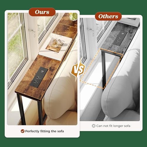 SUPERJARE 94.5 inch Narrow Console Table with Outlet, Sofa Tables, Behind Couch Table, Long Entryway Tables with Charging Station, for Living Room, Rustic Brown - color: Rustic Brown, size: 5.9''D x 94.5''W x 29.7''H