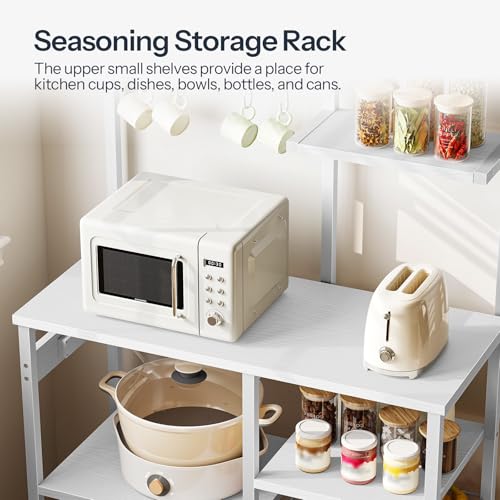 HOOBRO Large Bakers Rack with Power Outlets, 6-Tier Microwave Stand with 4 Hooks, Coffee Bar, Kitchen Shelf with Wire Basket, for Kitchen, Living Room, Office, White WW64UHB01 - color: White