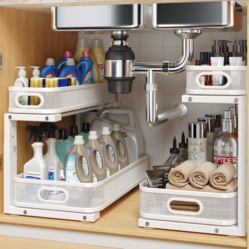 2 Pack 17.3IN-Depth Under Sink Organizer with Smooth Cylindrical Rail,2-Tier Pull Out Multi-Purpose Cabinet Storage for Bathroom&Kitchen,Height Adjustable,Rust-Resistant Coating-White - color: White, size: 2 Pack-17.3"Dx11"-16.14"H
