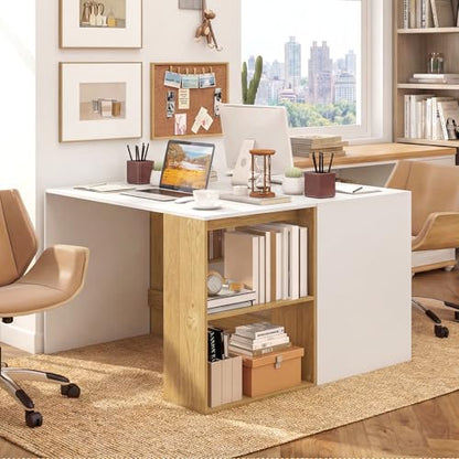 Giantex Small Desk with Bookshelf, 44 Inch Modern Computer Desk for Small Spaces, Laptop PC Desk, Vanity Table for Bedroom, Study Writing Desk for Home Office (White+Natural) - color: White+natural