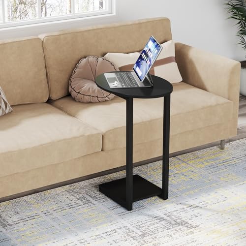 Hosfais Small Side Table End Table, C-Shaped Couch Tables | Wood Coffee Table TV Tray for Small Space, Bedroom Living Room (Black) - color: Black, size: Oval