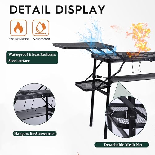 Nice C Camping Metal Table, Compact Outdoor Folding Tailgate Grill Table | Lightweight Fold-Up, 4 Side Tables, Mesh Net, BBQ, Camping, Picnic