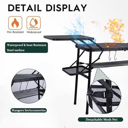 Nice C Camping Metal Table, Compact Outdoor Folding Tailgate Grill Table | Lightweight Fold-Up, 4 Side Tables, Mesh Net, BBQ, Camping, Picnic