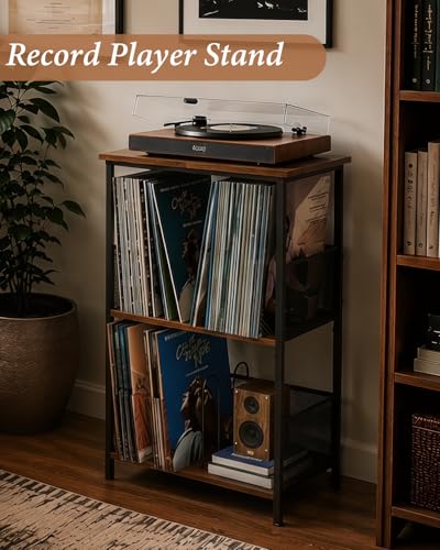 Honkazita 3 Tier Vinyl Record Storage Table Wooden Turntable Stand | holds up to 200 albums, now playing vinyl record stand, small bedside nightstand for bedroom, music room record organizer