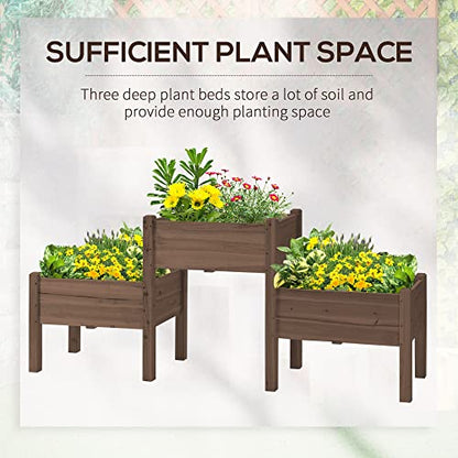 Outsunny Raised Garden Bed with 3 Planter Box, Elevated Wooden Plant Stand with Drainage Holes, for Vegetables, Herb and Flowers, Coffee - color: Coffee, size: 6.04' x 1.48' x 2.63'