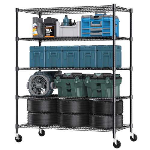 Himimi 5 Tier Wire Shelving with Wheels Heavy Duty Height Adjustable Metal Shelves for Storage, Commercial Grade Steel Utility Wire Rack for Kitchen Garage Pantry Organization-24×48×82, Black - color: Black, size: 24"D×48"W×82"H, 5-Tier