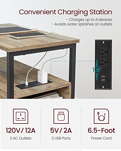 VASAGLE Side End Table with Charging Station, Slim Nightstand with 2 Drawers, Narrow Bedside Table for Living Room, Small Spaces, Turquoise Brown and Ink Black ULET321B60 - color: Turquoise Brown + Ink Black, size: 23.6"D x 13.8"W