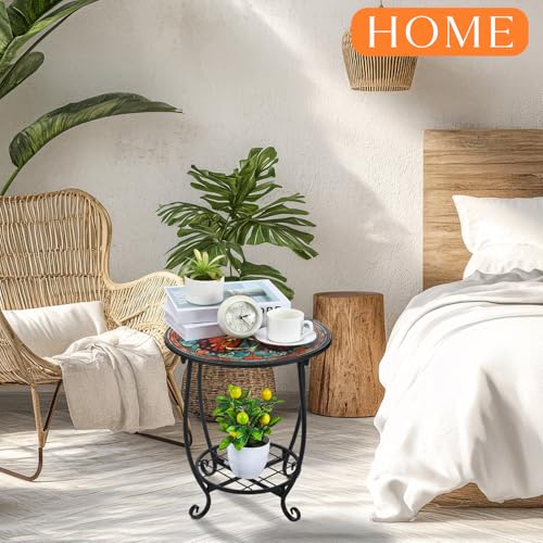 Cinnvoice Outdoor Side Table Round Small Mosaic Patio Accent Indoor End Plant Coffee Tea Table for Yard Patio Porch Garden Living Room, Bedroom(Butterfly B Style,14 Inch) - size: 14 Inch, style: Butterfly B Style
