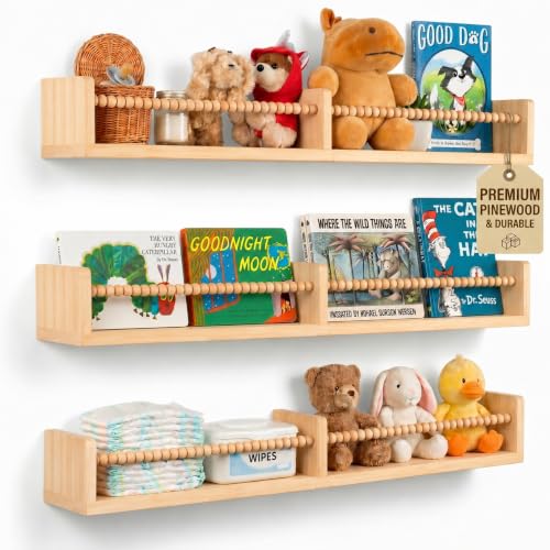 Nursery Book Shelves for Wall – Set of 3 Wooden Wall-Mounted Shelves, Premium Pine Wood, Rounded Edges, Nursery Bookshelf for Kids Room Decor, 31.5" x 3.9" x 3.7"