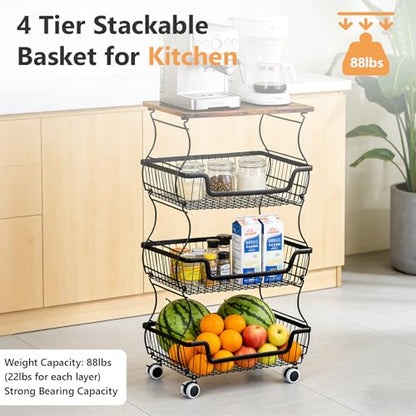 Utility Rolling Cart 4-Tier Metal Storage Organizer Cart with Wooden Top Snack Rack Pantry Cart with Wheels for Kitchen, Bathroom, Office, Bedroom, Living Room, Black - size: 4-Tier