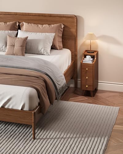Narrow Nightstand with Drawers, 7.9" Solid Wood Nightstand with Open Shelf & Cable Hole, Modern Night Stand Slim Bedside Table for Small Spaces, Bedroom, Study - color: Walnut, size: 15.7"D x 7.9"W x 23.6"H