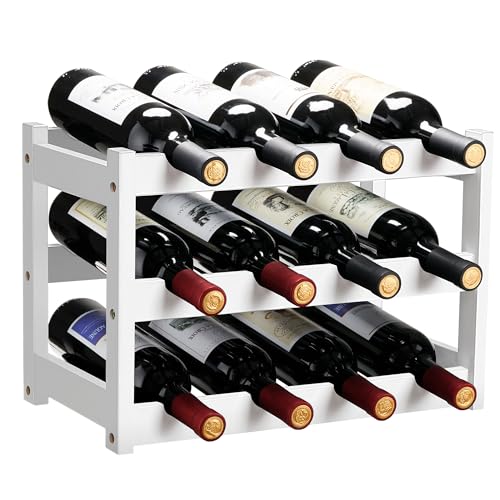 VASMIA Bamboo Wine Rack, Sturdy and Durable Wine Storage Cabinet Shelf, Wine Racks Countertop for Pantry,Kitchen,3-Tier 12 Bottles Wine Rack White - color: White, size: 3 Tiers