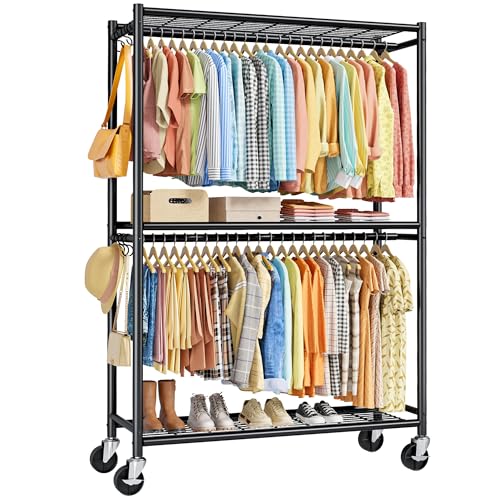 Sakugi Clothes Rack - Double Hanging Rod Clothing Rack with Wheels & Leveling Feet, Large Capacity Wardrobe Closet with Shelves for Bedroom, Laundry Room, Entryway, 45.2" x 12.6" x 80.7", Black - color: Black, size: XX-Large