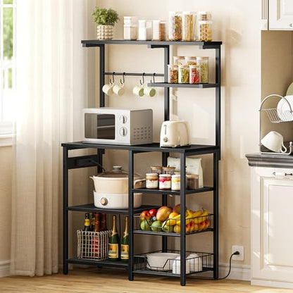 HOOBRO Large Bakers Rack with Power Outlets, 6-Tier Microwave Stand with 4 Hooks, Coffee Bar, Kitchen Shelf with Wire Basket, for Kitchen, Living Room, Office, Black BB64UHB01 - color: Black