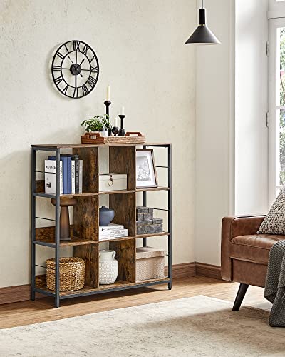VASAGLE Bookshelf, Bookcase, 9 Cubes Storage Organizer, Industrial Open Display Shelf, for Bedroom, Office, Living Room, Metal Frame, Rustic Brown and Black ULLS112B01 - size: 11.8"D x 39.4"W x 40.6"H