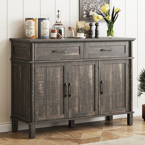 48 Inches Buffet Cabinet with Storage, Farmhouse Sideboard Buffet w/2 Drawers and 3 Doors, Wood Coffee Bar Cabinet with Adjustable Shelves, Sideboard Storage for Kitchen, Living Room, Rustic Brown - color: Rustic Brown, size: 48 Inch