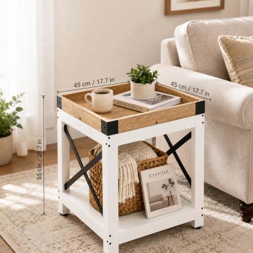Farmhouse Square Side Table,2-Tier End Table with Storage Shelf | Modern Sofa Couch Table Bedside Nightstand With X-Frame for Living Room Bedroom Office Small spaces,White+Oak - color: White+oak, style: Farmhouse