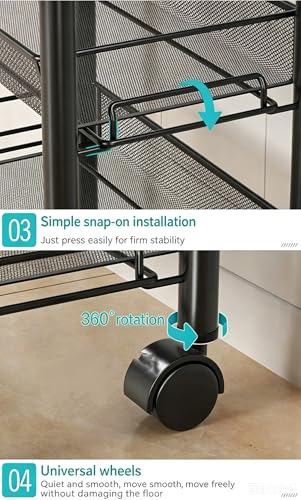 3-Tier Rolling Storage Cart, Metal Mesh Basket Shelves on Wheels, Black, for Kitchen, Nursery and Snack Organization