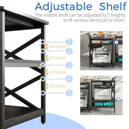 METYERRY 23.6"x23.6" Large Printer Stand with Power Outlet, 3 Tier Cart | Adjustable Shelf, Fits 3D Printers, Laser Printers and Heat Press, 200 lbs Heavy Duty, Industrial Wheels, Home Office - color: Black