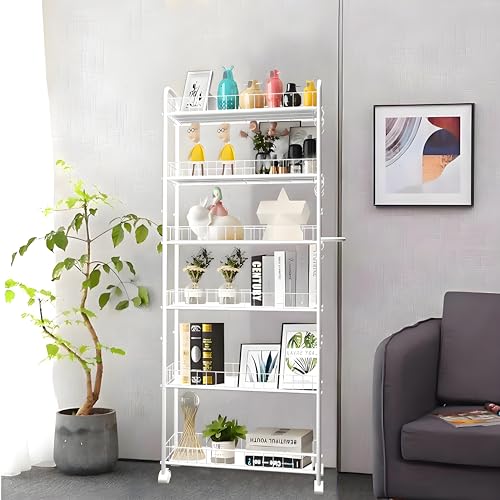 6in 6 Tier Slim Storage Cart with Wheels,Narrow Space Rolling Shelving Unit with Handle, Metal Wire Mobile Organizer Rack for Kitchen Bathroom Office Laundry - size: 6in White Cart with Handle