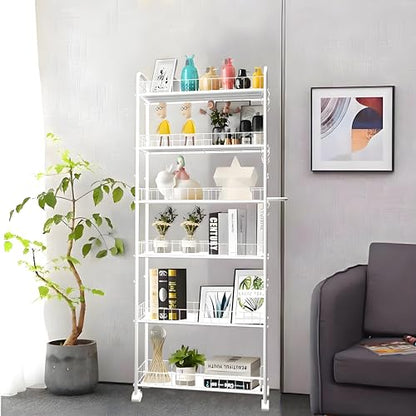 6in 6 Tier Slim Storage Cart with Wheels,Narrow Space Rolling Shelving Unit with Handle, Metal Wire Mobile Organizer Rack for Kitchen Bathroom Office Laundry - size: 6in White Cart with Handle