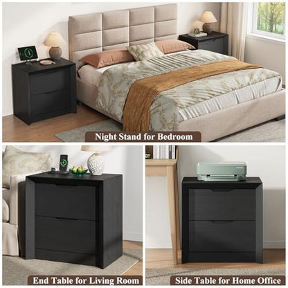 YANSNWO Black Nightstand with Charging Station, 23.6" Modern Bedside Table with Thickened Frame & Unique Panel, Mid Century Wood End Table for Bedroom, Living Room - color: Black, size: 15.6"D x 23.6"W x 23.6"H (2 Drawers)