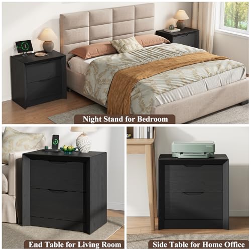 YANSNWO Black Nightstand Set of 2 with Charging Station, 23.6" Modern Bedside Table with Thickened Frame & Unique Panel, Mid Century Wood End Table for Bedroom, Living Room - color: Black, size: 15.6"D x 23.6"W x 23.6"H (2 Drawers/2 Piece)
