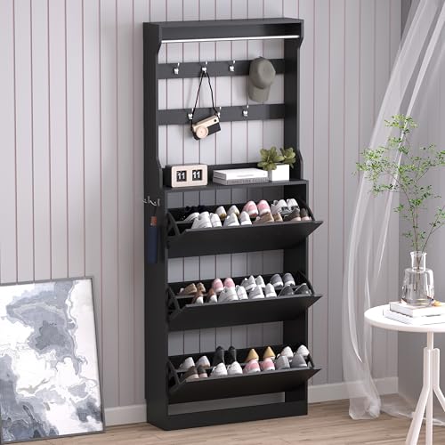 BORNOON Shoe Cabinet with 3 Flip Drawers & Coat Rack, Narrow Hidden Shoe Storage Cabinet, 2-in-1 Hall Tree Slim Freestanding Shoe Rack Organizer for Entryway, Hallway, and Living Room - color: Black, size: 3 Drawers-Rack
