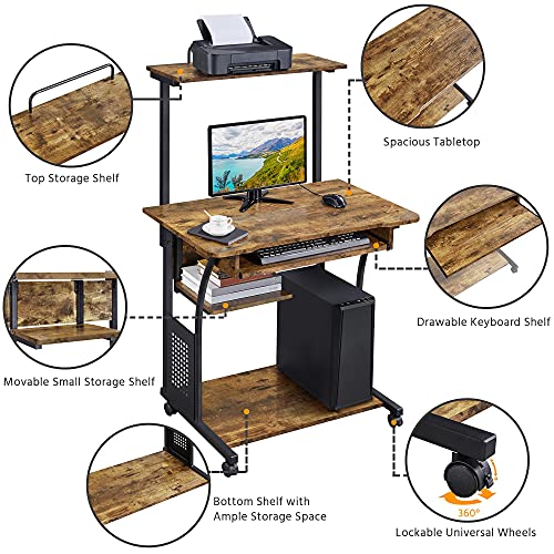 Topeakmart 2-Tier Rolling Desk with Printer Shelf & Keyboard Tray, Rustic Brown - color: Rustic Brown